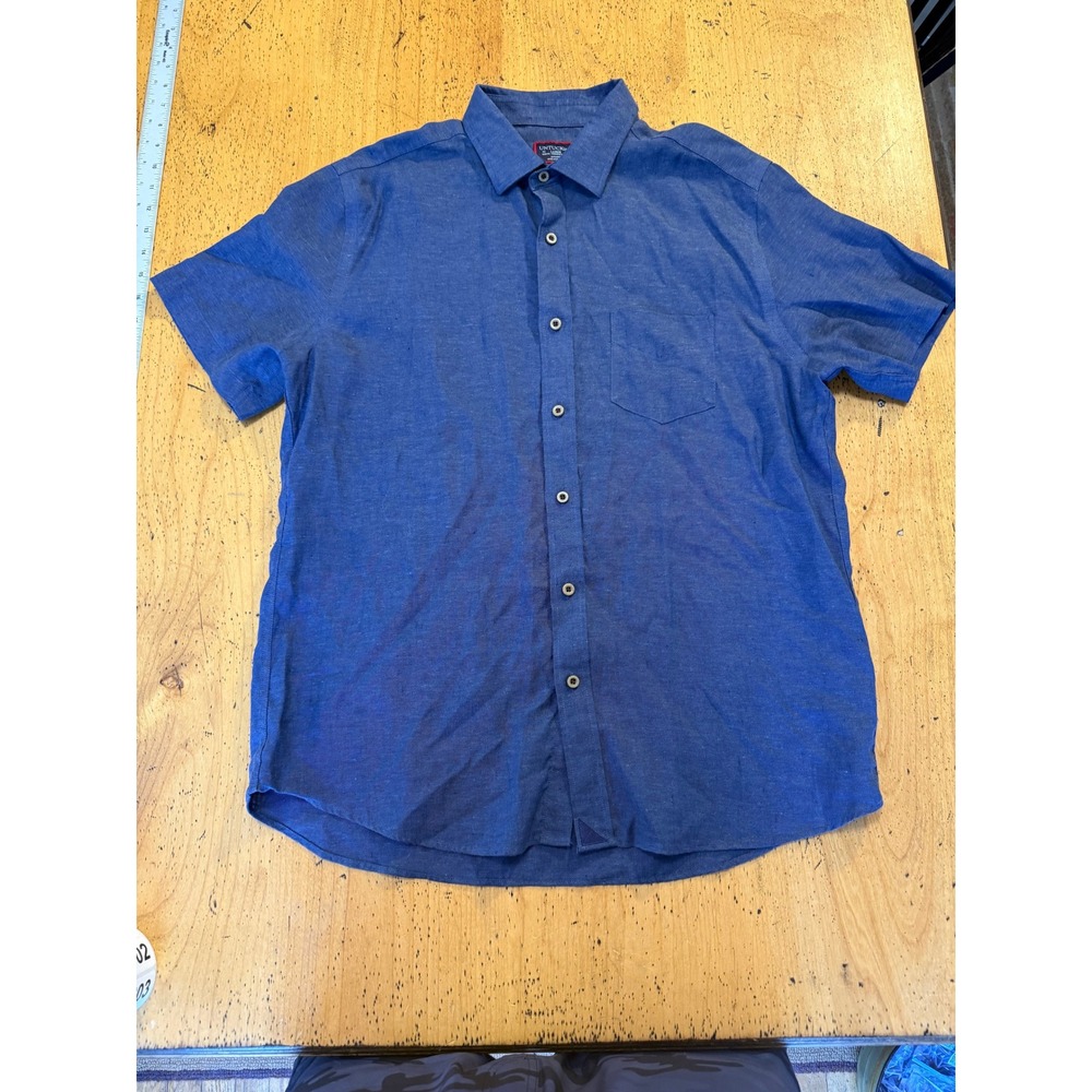 UNTUCKit Cameron Size Large Slim Fit Navy Blue Linen Short Sleeve Button Down